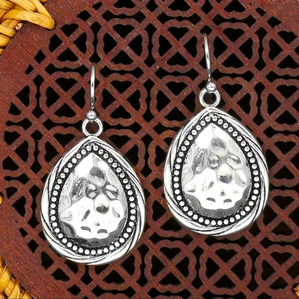 Antique Silver Stainless Steel Carved Pattern Dangle Earrings w/ Fish Hook Backs